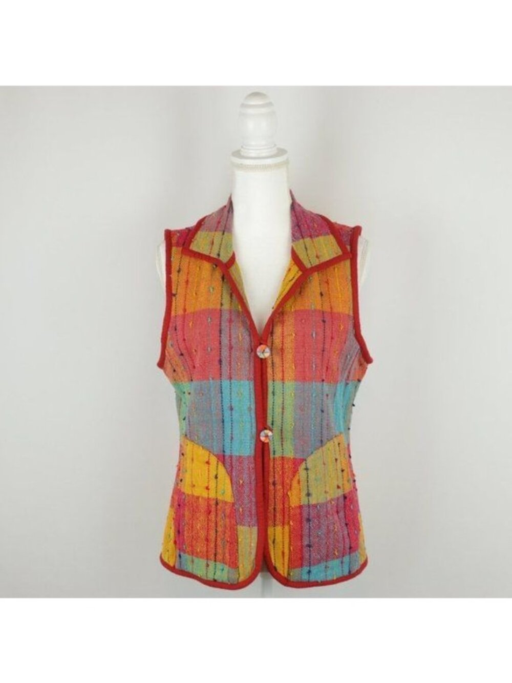 Anu Women's Small Red & Blue Plaid Cotton Collared Woven Button Up Vest